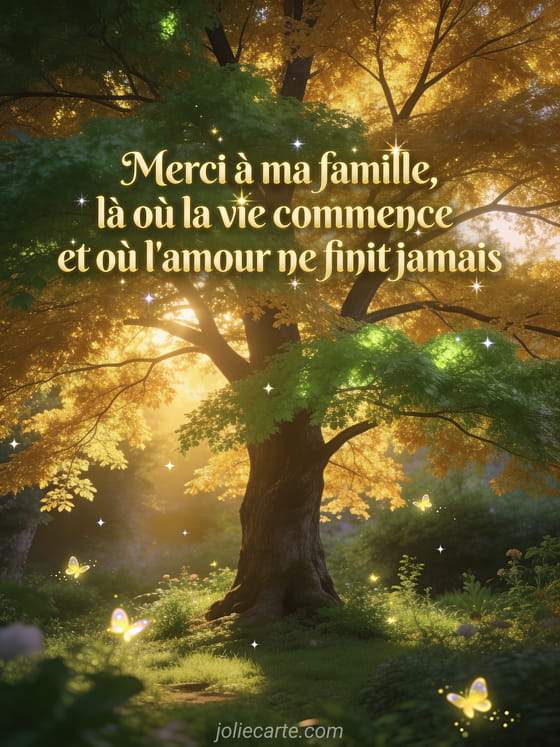 Grand arbre aux feuilles lumineuses dorées et vertes dans un jardin enchanteur avec lucioles et le texte Merci à ma famille