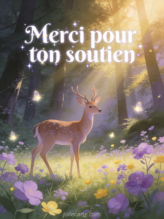Texte Merci pour ton soutien en lettres blanches avec cerf dans une prairie de fleurs violettes et jaunes, forêt enchantée et lucioles