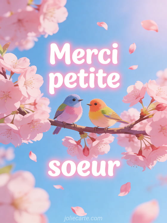 Deux petits oiseaux colorés posés sur une branche de cerisier en fleurs avec pétales roses volant dans l'air