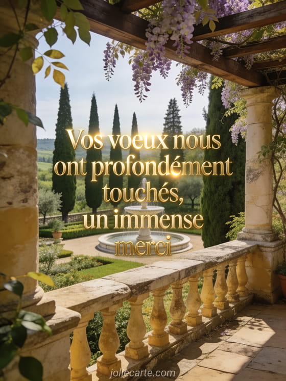 Terrasse en pierre surplombant un jardin à l'italienne avec cyprès, fontaine et glycine en fleurs sous le soleil méditerranéen avec le texte Vos voeux nous ont touchés