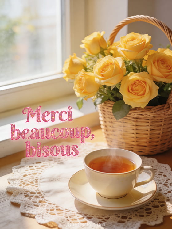 Bouquet de roses jaunes dans un panier en osier avec une tasse de thé fumante sur une nappe en dentelle, lumière matinale douce, style illustration cosy