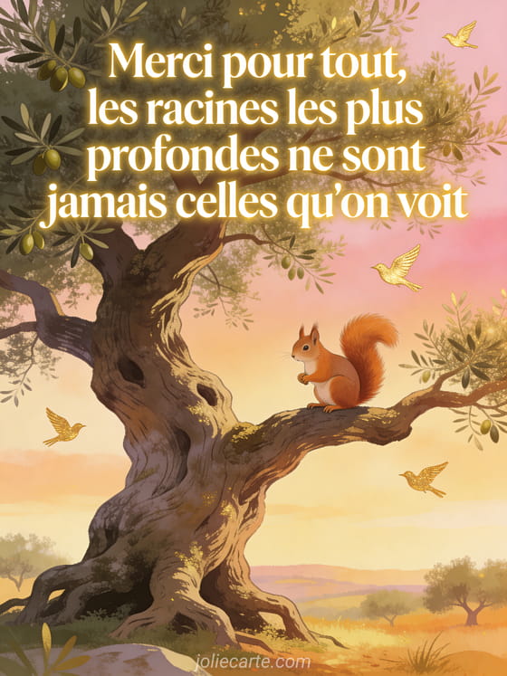 Écureuil roux sur la branche d'un vieil olivier majestueux au coucher du soleil avec oiseaux dorés dans le ciel