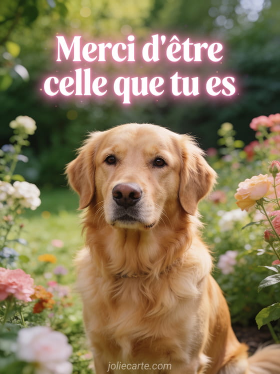 Golden retriever aux poils dorés assis dans un jardin fleuri avec regard doux et attentif, lumière naturelle, profondeur de champ, bokeh vert tendre, photo réaliste