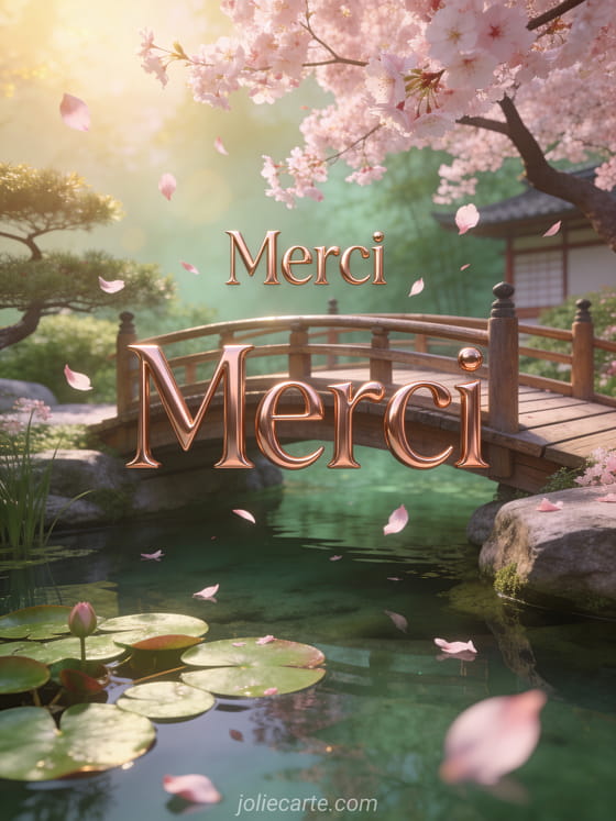Pont de bois dans un jardin japonais avec cerisier en fleurs et pétales de sakura volant au-dessus d'un bassin avec le texte Merci