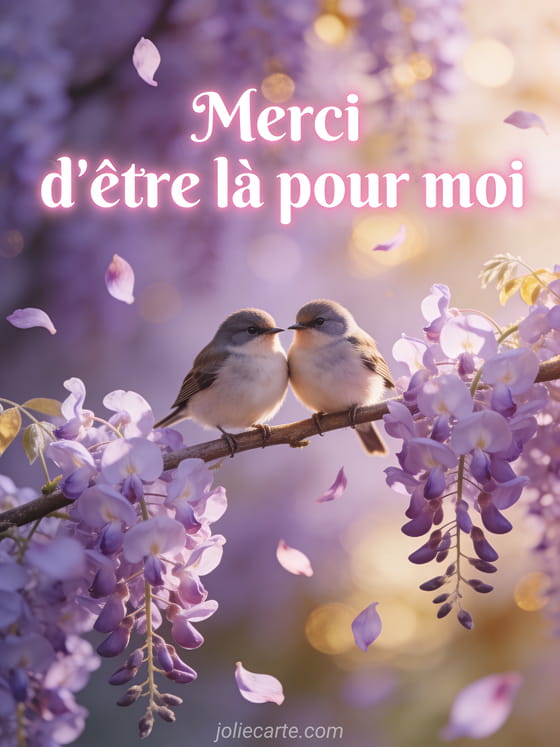 Deux petits oiseaux posés côte à côte sur une branche de glycine en fleurs, pétales mauves qui tombent doucement, lumière douce de printemps, style illustration tendre