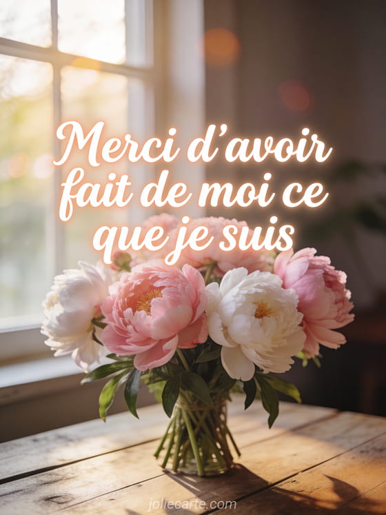 Bouquet de pivoines roses et blanches sur table en bois rustique avec lumière douce du matin et le texte Merci