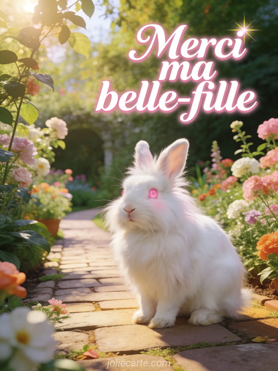 Lapin angora blanc aux yeux roses dans un jardin anglais luxuriant avec allée pavée et fleurs variées