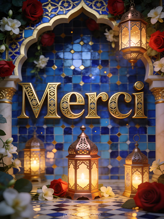 Lanternes marocaines en cuivre ajouré avec lumière chaude, mosaïque zellige bleu et or, arche orientale décorée de roses rouges et de jasmin, style illustration orientale