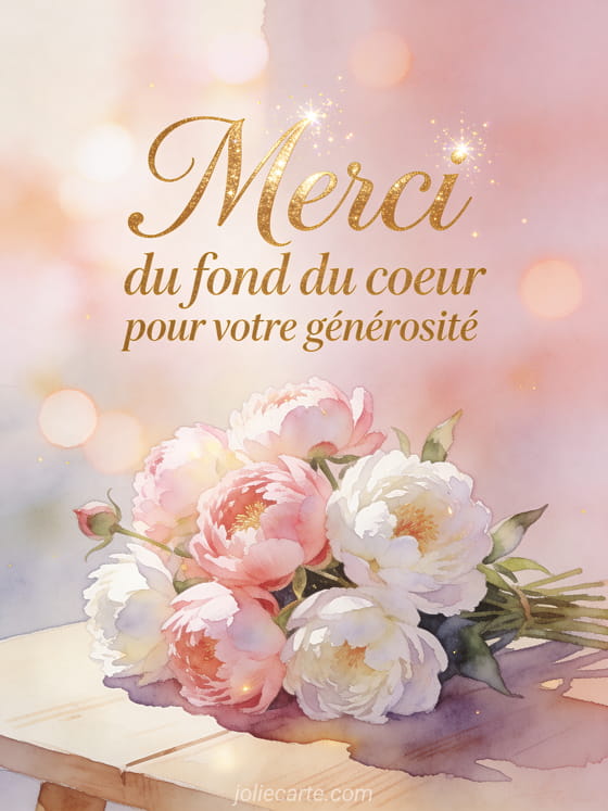 Bouquet de pivoines roses et blanches sur table en bois clair en aquarelle avec le texte Merci pour votre générosité