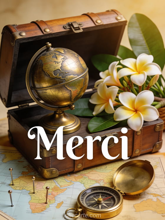 Globe terrestre ancien en laiton sur une malle de voyage vintage avec une boussole ouverte et des fleurs exotiques frangipanier