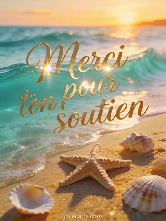 Texte Merci pour ton soutien en lettres dorées calligraphiées avec étoile de mer et coquillages sur sable doré au bord de l'eau turquoise