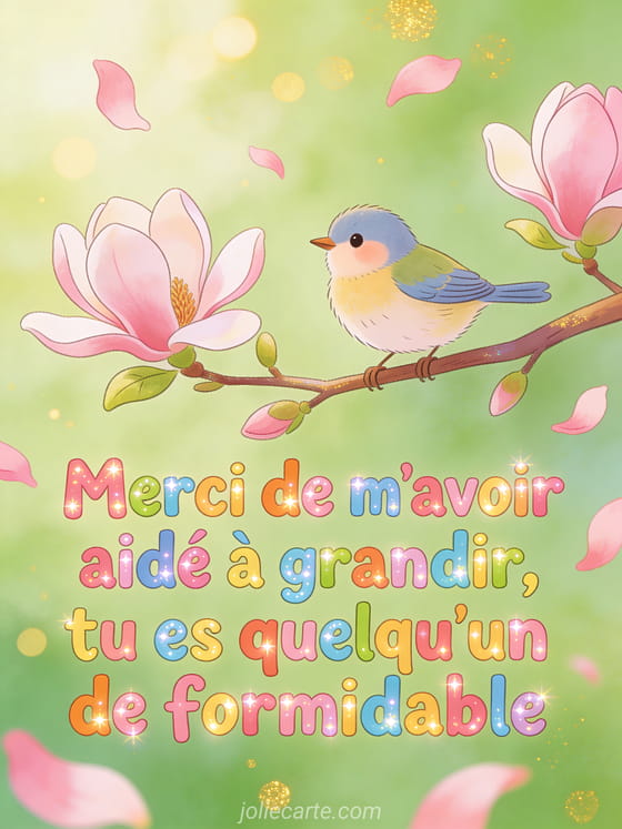 Petit oiseau perché sur une branche fleurie de magnolia avec pétales roses qui volent et lumière printanière douce