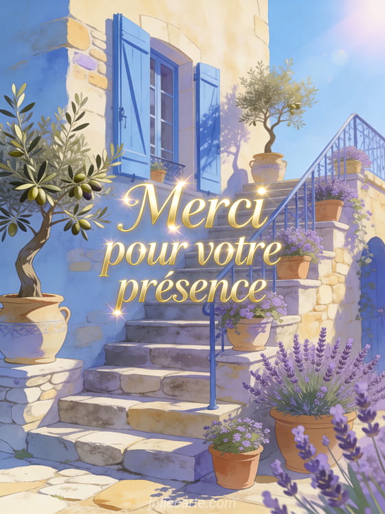 Escalier en pierre d'un mas provençal avec pots d'oliviers et lavande, volets bleus et soleil chaleureux avec le texte Merci pour votre présence