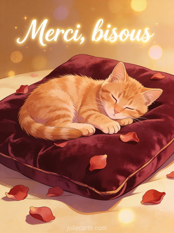 Chaton roux endormi sur coussin en velours bordeaux avec pétales de roses et le texte Merci bisous