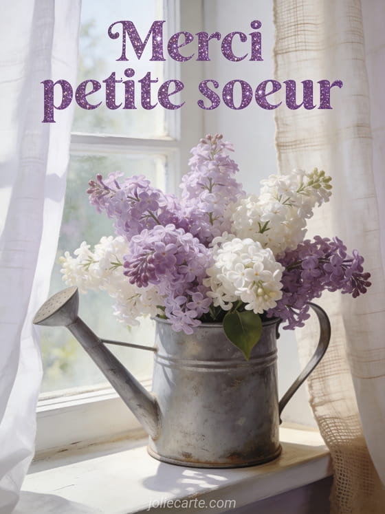 Bouquet de lilas dans un arrosoir vintage en zinc posé sur un rebord de fenêtre avec rideaux en lin blanc et lumière douce du matin