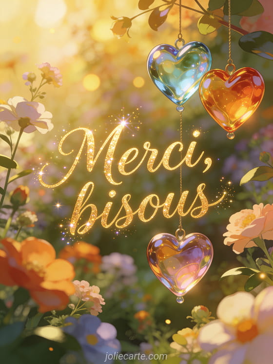 Texte Merci bisous en lettres dorées scintillantes avec cœurs en verre soufflé suspendus dans un jardin fleuri