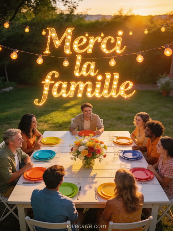 Grande table de jardin vue de haut avec assiettes colorées guirlandes lumineuses et fleurs en centre de table