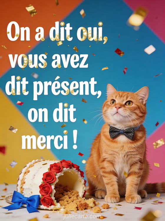 Chat roux avec nœud papillon assis à côté d'un gâteau de mariage renversé avec confettis et expression amusée