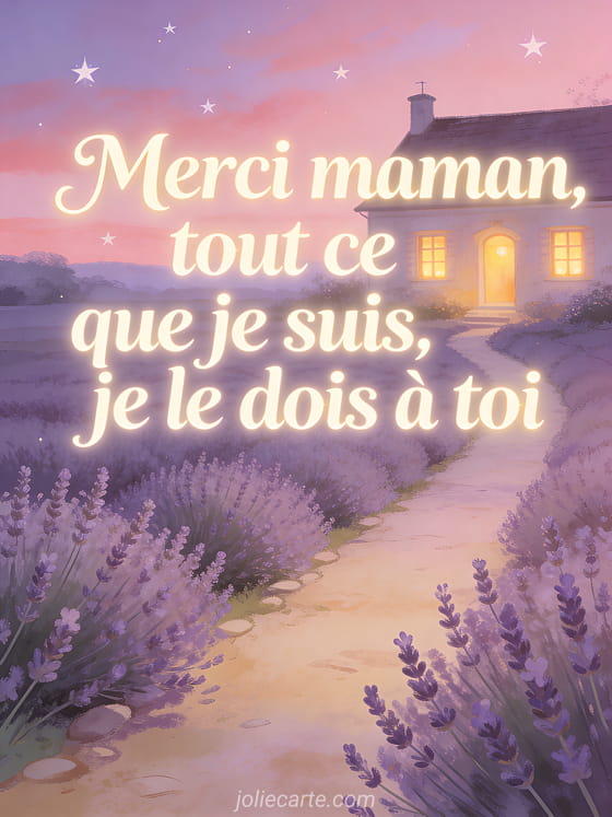Chemin bordé de lavande menant à une maison chaleureuse sous un ciel de crépuscule rose et violet avec étoiles naissantes