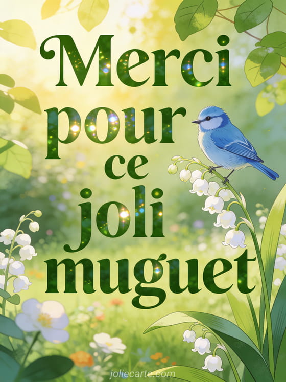 Oiseau mésange bleue perché sur un brin de muguet dans un jardin fleuri avec lumière matinale dorée, style illustration naturaliste