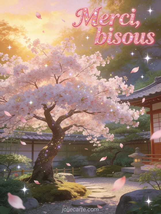 Arbre en fleurs de cerisier dans un jardin japonais avec pétales qui volent dans la brise et le texte Merci bisous