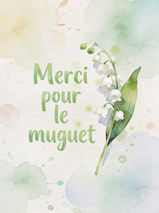 Brin de muguet peint en aquarelle avec touches de vert et blanc sur fond papier texturé humide, taches de couleur pastel, éclaboussures délicates, style aquarelle artistique