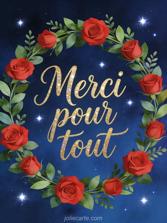Couronne de roses rouges et feuillage vert entourant le texte Merci pour tout en lettres dorées sur fond bleu nuit étoilé