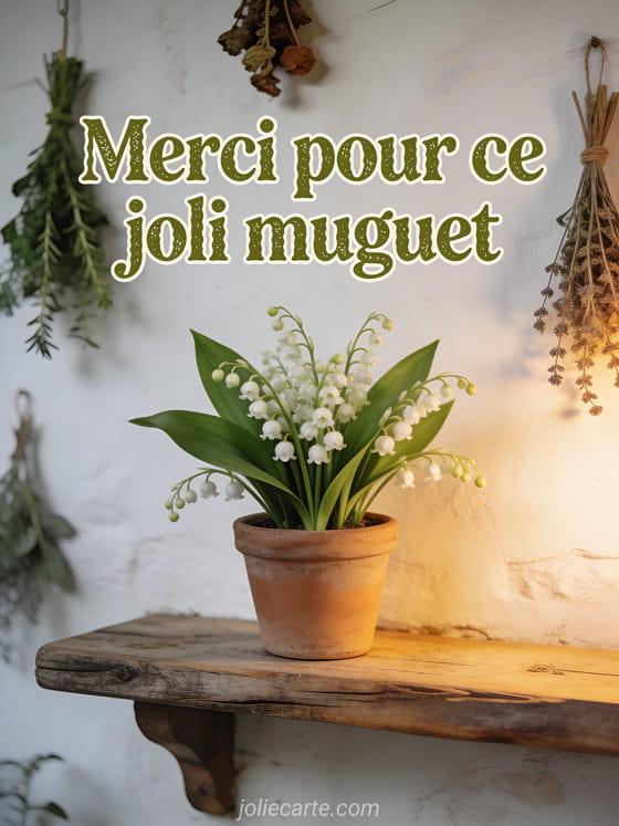 Pot en terre cuite contenant du muguet sur une étagère en bois rustique avec mur blanc à la chaux et herbes séchées avec le texte Merci pour ce joli muguet