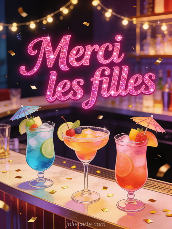 Trois cocktails colorés décorés de fruits et de parapluies sur un comptoir de bar chic avec confettis dorés et guirlandes lumineuses