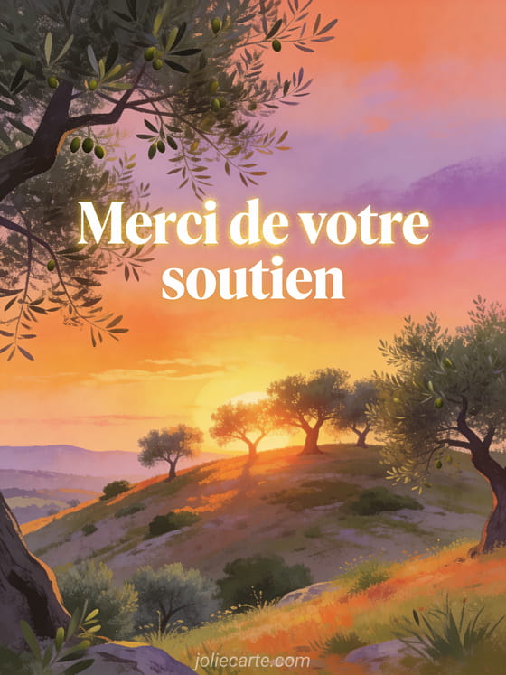Coucher de soleil derrière des oliviers sur une colline méditerranéenne avec ciel dégradé orange rose et violet