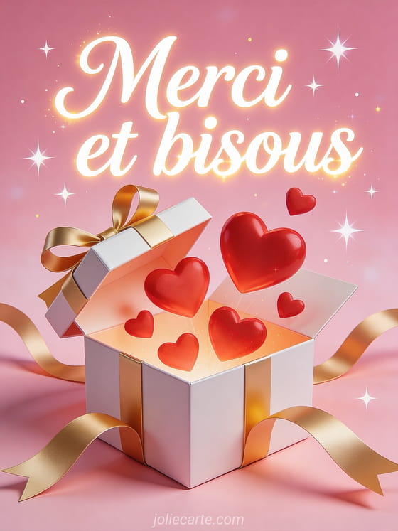 Boîte cadeau ouverte avec des coeurs rouges qui en sortent et rubans dorés sur fond rose poudré avec étoiles scintillantes