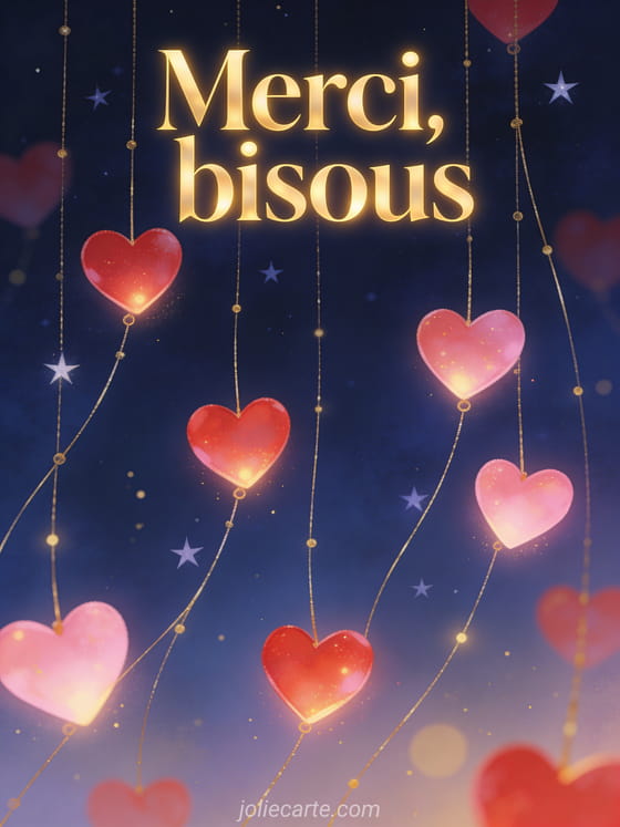 Coeurs lumineux rouges et roses suspendus à des fils dorés comme des guirlandes, fond bleu nuit profond avec étoiles, ambiance féerique, style illustration