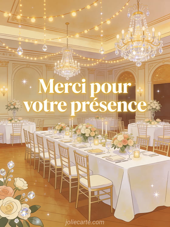 Grande salle de réception avec lustres en cristal, nappes blanches et centres de table fleuris avec guirlandes lumineuses