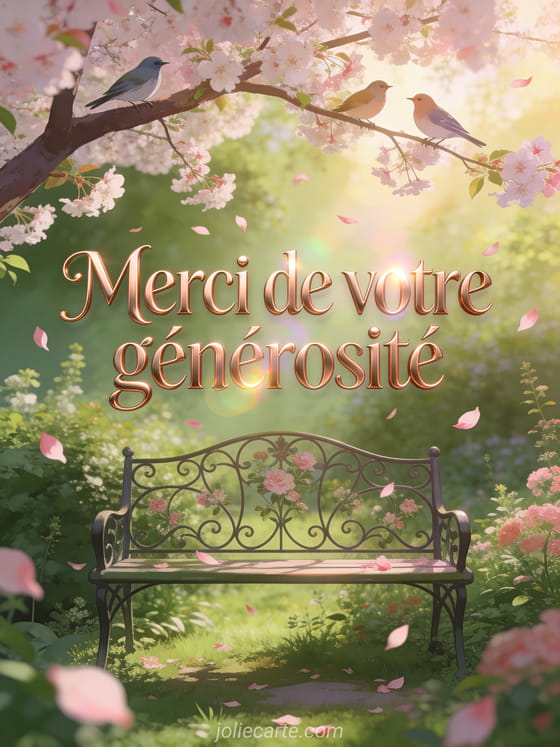 Jardin luxuriant avec banc en fer forgé sous un cerisier en fleurs avec pétales roses et oiseaux sur les branches