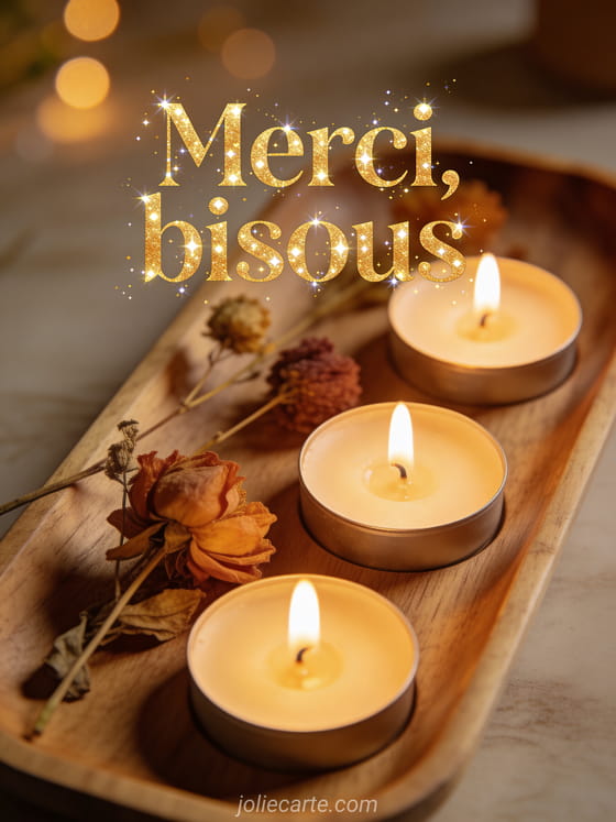 Trois bougies allumées sur un plateau en bois avec des fleurs séchées, lumière tamisée et chaude, ambiance zen, style illustration