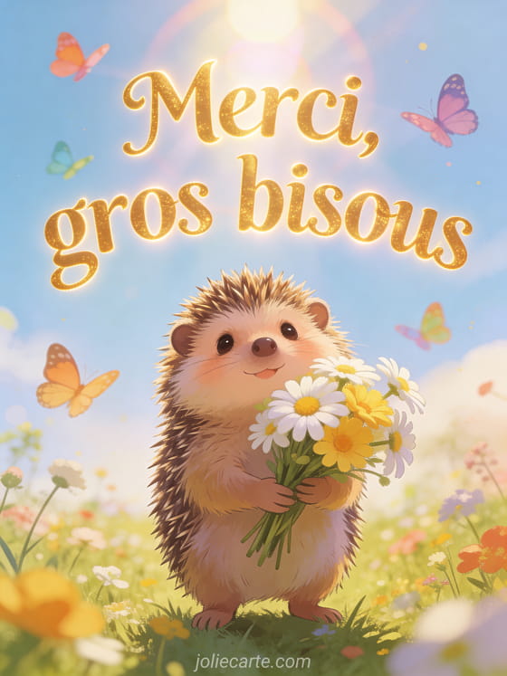 Petit hérisson tenant un bouquet de marguerites dans une prairie fleurie avec papillons et rayons de soleil