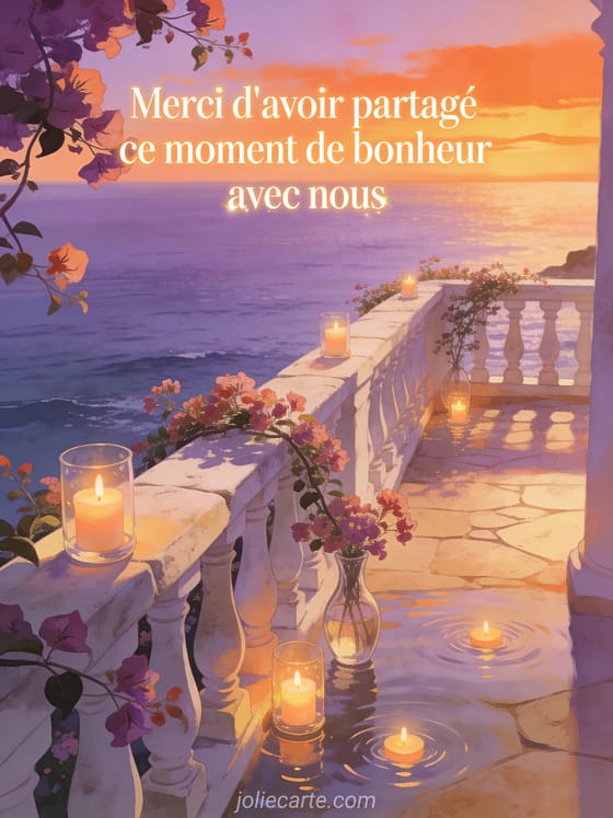 Terrasse surplombant la mer au coucher du soleil, balustrade en pierre blanche ornée de bougainvilliers, bougies votives, ciel orangé et violet, style illustration méditerranéenne