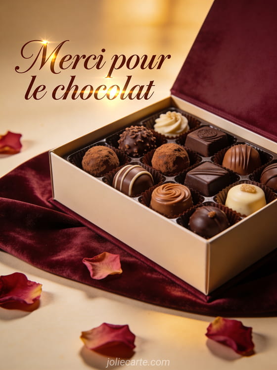 Boîte de chocolats ouverte avec truffes et pralinés sur velours bordeaux avec pétales de rose et lumière tamisée