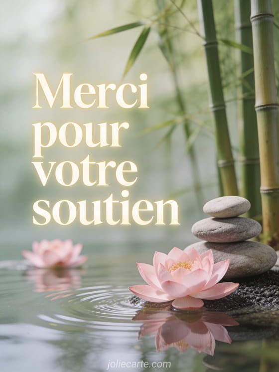 Jardin zen avec pierres empilées, fleurs de lotus roses sur l'eau, bambous et lumière tamisée apaisante