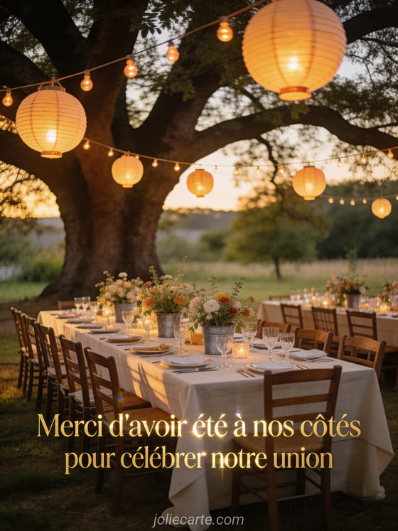 Table de réception en plein air sous un platane avec guirlandes de lampions et fleurs champêtres dans des pots en zinc avec le texte Merci d'avoir été à nos côtés
