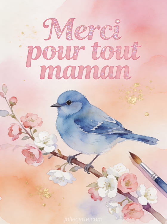 Aquarelle d'une mésange bleue posée sur une branche fleurie, fond dégradé pastel rose et pêche, touches dorées, ambiance douce et artistique