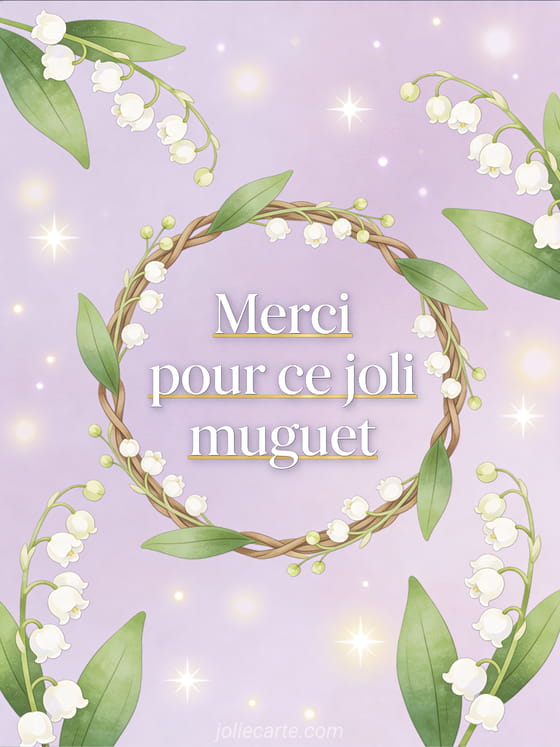 Couronne circulaire tressée de brins de muguet et petites feuilles vertes sur fond pastel lavande avec lumières scintillantes