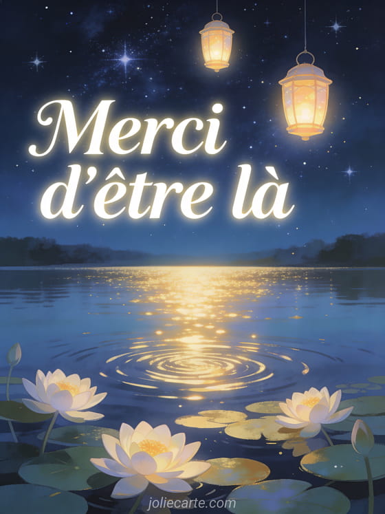Trois lanternes lumineuses flottant dans un ciel étoilé au-dessus d'un lac calme avec reflets dorés et nénuphars