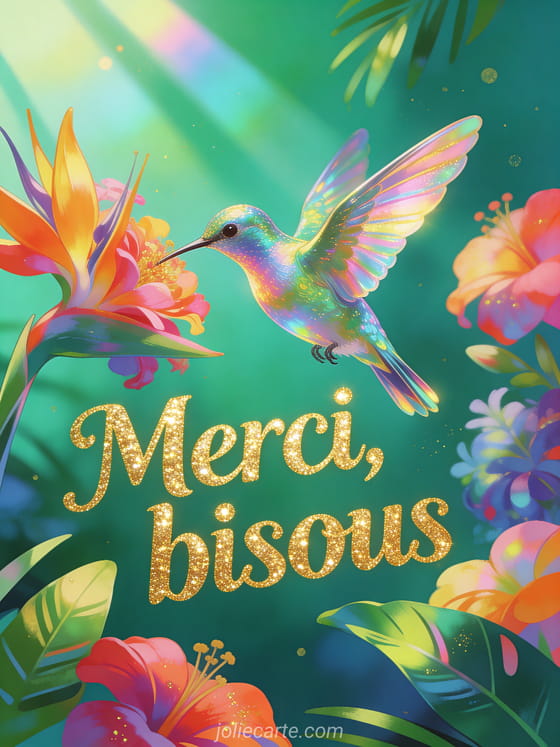 Colibri iridescent butinant des fleurs tropicales colorées sur fond vert émeraude avec rayons de lumière