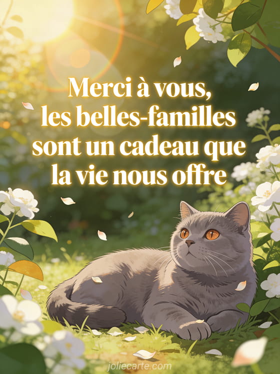 Chat british shorthair gris aux yeux cuivrés dans un jardin baigné de lumière dorée avec fleurs blanches et pétales volants
