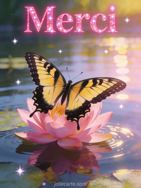 Papillon machaon aux ailes jaunes et noires posé sur une fleur de lotus rose dans un étang calme avec reflets lumineux