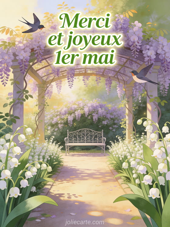 Allée de jardin bordée de muguet en fleurs avec tonnelle de glycine au fond et banc en fer forgé en lumière dorée de mai avec le texte Merci et joyeux 1er mai