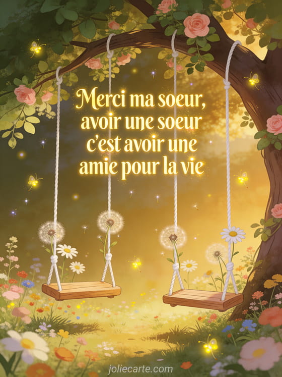 Deux balançoires accrochées à un grand arbre fleuri dans un jardin enchanteur avec lumière dorée, fleurs sauvages et lucioles scintillantes