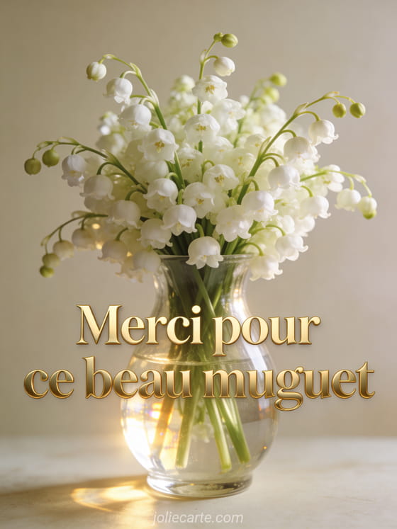 Magnifique bouquet de muguet luxuriant dans un vase en verre transparent, lumière naturelle latérale, reflets dans le verre, fond beige clair, style photoréaliste lumineux