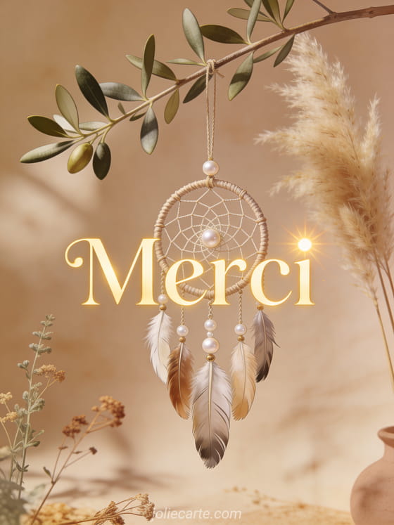 Attrape-rêves avec plumes et perles suspendu à une branche d'olivier avec herbes séchées et fleurs de pampa